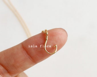 14k Gold Dipped Tiny Fishing Hook Pendant Necklace, Gold Plated with Adjustable Chain, Dainty Minimalist Jewelry, Layering Friend Gift