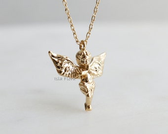 Dainty Praying Baby Angel Necklace • Retro 18k Gold Dipped Detailed Wings Fine Minimalist, Gothic 90's, Simple y2k Jewelry, Best Friend Gift