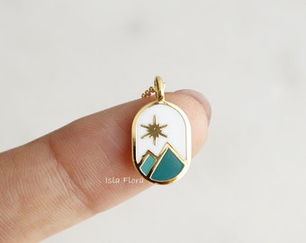 Enamel Mountain Scene Name tag Necklace, Sun Sky, Gold Silver Detailed, Minimalist Jewelry, Delicate, Colorful, Friend Bridesmaid Gift