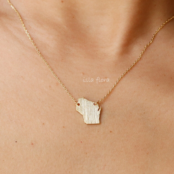 18k Gold-Dipped Brushed Wisconsin State Pendant Necklace, Badger State Pride, Fine Delicate, Minimalist Jewelry, Dainty Necklace Charm Gift