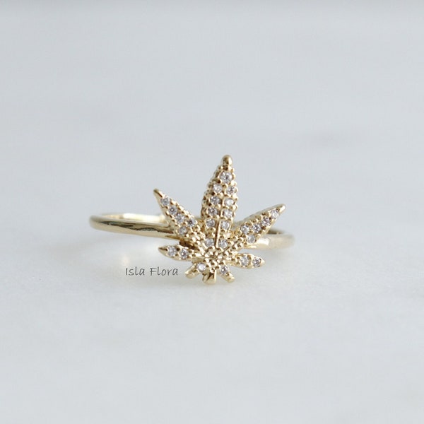 18k Gold Dipped Paved CZ Marijuana Leaf Ring - Hemp, 420 Statement in Silver, Timeless, Stackable, Detailed, Adjustable, Minimalist Gift