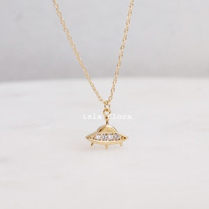 Crystal Paved Gold UFO Pendant Necklace, Flying Saucer Gold Plated, Dainty Minimalist Jewelry, bridesmaid Rave, Alien Cute Gift