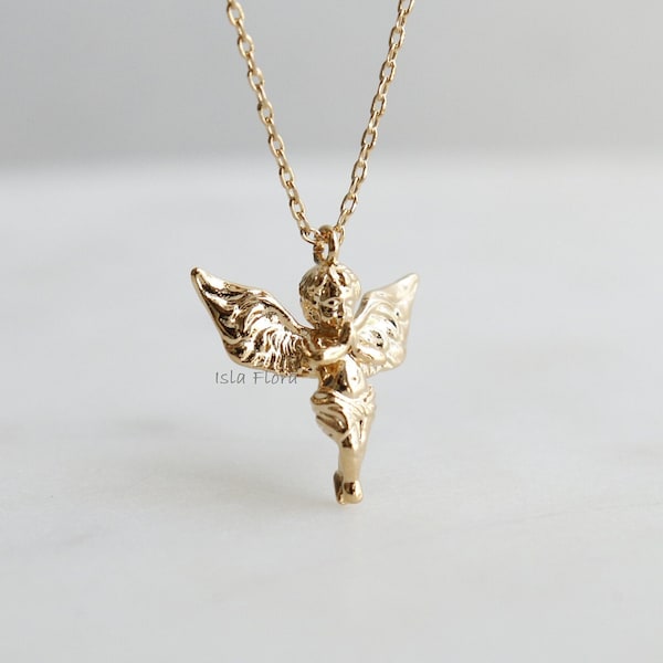 Dainty Praying Baby Angel Necklace • Retro 18k Gold Dipped Detailed Wings Fine Minimalist, Gothic 90's, Simple y2k Jewelry, Best Friend Gift