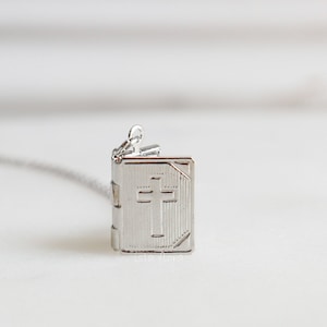 Silver Bible Locket Necklace, Rhodium Dipped, Bible Pendant, Book of God Perfect Faith Charm, Dainty Minimalist, Confirmation Friend Gift
