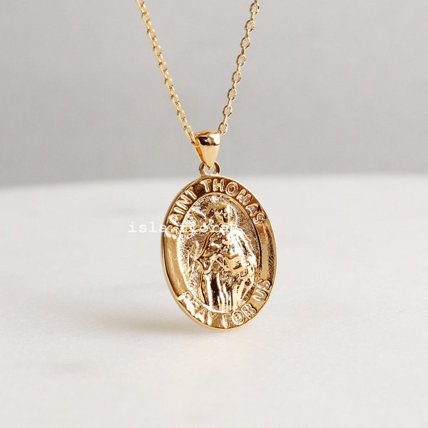 St Thomas Oval Pendant Necklace, Gold Dipped Saint Thomas the Apostle, Clay Birds Silver Delicate, Minimalist Jewelry, Dainty Faith Gift