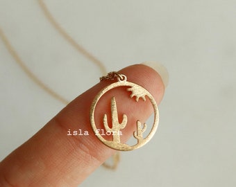 Desert Scene Cutout Coin Necklace, Outline Gold Plated, Dainty Minimalist, Dainty Cactus Sun, Boho Jewelry, Desert Vibes Bridesmaid Gift