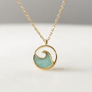 Aqua Color Wave Coin Pendant Necklace, Gold, Cutout Frame, Chrysoprase Stone, Minimal Coastal Jewelry, bridesmaid Gift