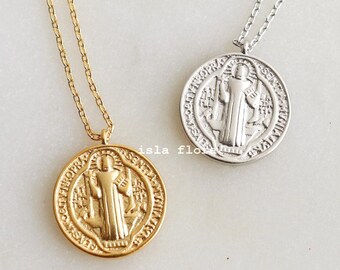 St. Benedict Dual Side Coin Pendant necklace, Gold, Silver Necklace, Sacramental Nursia Patron Medal, Minimalist Jewelry, Dedication Gift