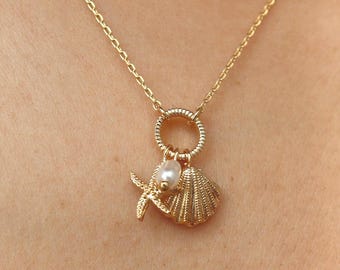 Starfish Seashell Charm Ring Necklace, Faux Pearl, Coastal Dainty Pendants, Shell Charms Jewelry, bridesmaid Wedding Her Gift