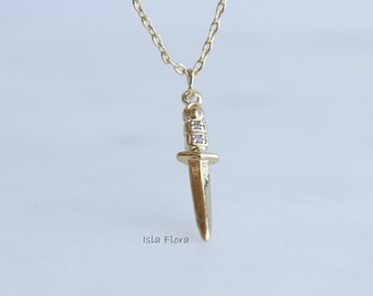 18K Gold Dipped Knife Pendant Necklace, Crystal Paved Handle, Dainty Dagger Charm Minimalist, Boho Jewelry, Tanto Vibes Bridesmaid Gift