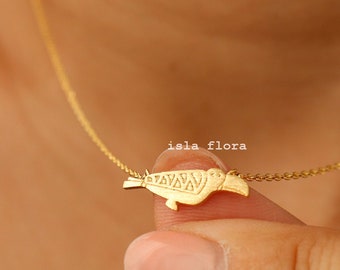 Toucan Bird Pendant Necklace, Totem Animal, Dainty Brushed Gold Dipped Jewelry, Bridesmaid, Fine Detail, Tropical Bird Lover Travel Gift