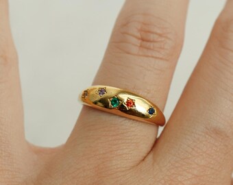 Dome Multi Color Rainbow Stars Ring, Vintage Inspired Micro Rhinestone, Gemstone Pave, Statement Ring Adjustable Open Band - Unique Gift