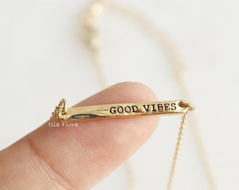 Minimal Radiant Good Vibes, 18K Gold Dipped Aesthetic Bar Necklace, Thin Wavy Bar Good Vibe Charm Bridesmaid, Dainty, Minimalist, Her Gift