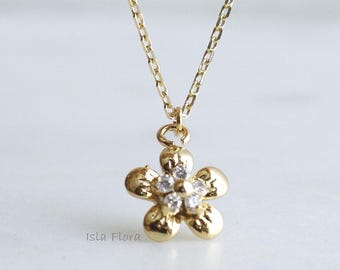 Dainty Flower Pendant Necklace, CZ Seeds Studs, Sparkling Blossoms, Cute Petal, Minimalist Jewelry, Layering Gift