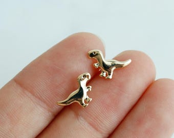 Dainty Baby T Rex Dinosaur Earrings, Miniature Cute Tyrannosaurus Dino Charms, Gold Plated Studs, Minimal Jewelry Bestie Cute Gift