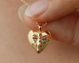 Crucifix Heart Pendant, Jesus on Cross Necklace, Simple Christ Depiction, Minimal Religious Jewelry, Blessing of the Cross, Faith Gift