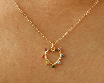 Rainbow Gem Pointed Heart Pendant Necklace, Dainty Gold Heart Cutout, Detailed, Colorful Aesthetic, Minimalist Jewelry, Bridesmaid Her Gift