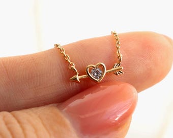 Dainty Arrow Crystal Heart Necklace - Detailed Wings, Minimalist, Cupid Love, Gold Dipped Cubic CZ y2k Jewelry, Bridesmaid Her Gift