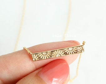 Dainty Sun Shine Embossed Rectangle Bar Pendant Necklace, Silver Boho Delicate, Fine Minimalist Gold Jewelry, bridesmaid Aesthetic Gift