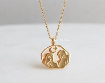 Gemini Zodiac The Twins Emboss Stamped Uneven Coin Necklace, Dainty 18k Gold Dipped Timeless, Minimalist Jewelry, Bridesmaid Her Gift