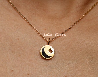 Enamel Moon Star Cutout Circle Pendant Necklace, Black White Crescent Chain, Dainty Minimalist Jewelry, Quality, bridesmaid, Vacation Gift