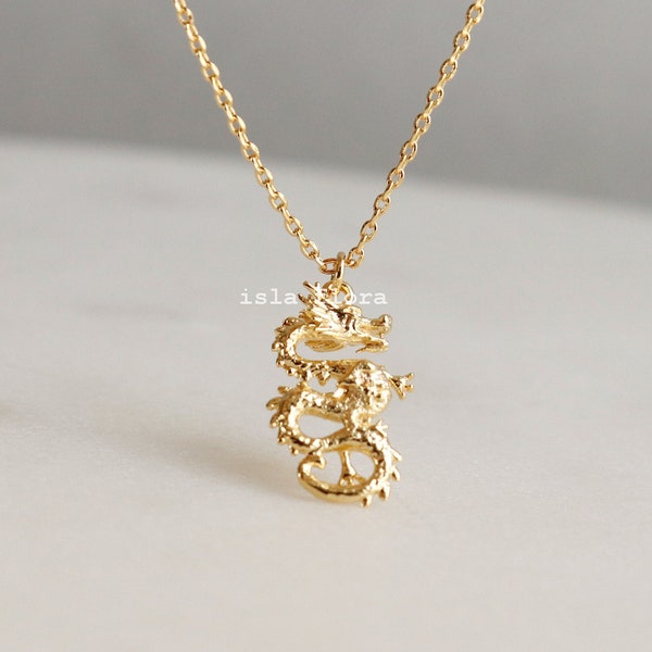 Powerful Dragon Pendant Necklace, Full Body, New Year 1988 2024 Gold Silver, Dainty, Realistic, Minimalist Jewelry, Layering Gift