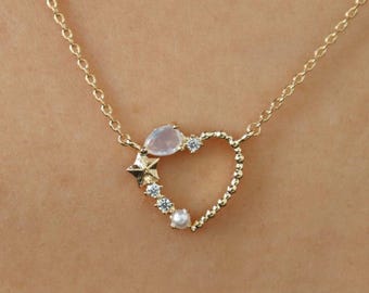 Subtle Gems Heart Necklace, Dainty Star, Dusty Moon Opalite Crystal, Pearl, Celestial, Delicate, Minimal Jewelry, Her October Birthday Gift