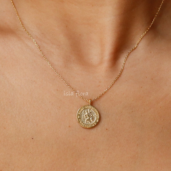 St. Christopher the Patron Coin Pendant 18k Gold Dipped Necklace, Protection, Traveler's Charm, Minimalist Jewelry, Vacation Bestie Gift