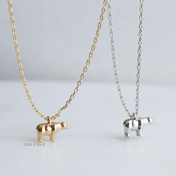 Winzige Grizzlybär-Anhänger-Halskette, zierlicher Anhänger, realistisch, Silber 18 Karat Gold getauchter minimalistischer Schmuck, Layering, Brautjungfern-Geschenk für Sie