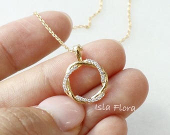 Classic Twine Circle Pendant Necklace, Gold Silver, Dainty Twist CZ Studded Minimalist Jewelry, bridesmaid, Wedding, Daughter Her Gift