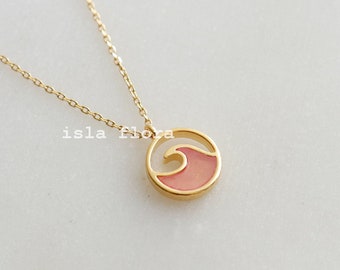 Rose Quartz Wave Coin Pendant Necklace, Small Pink Ocean, Dainty Gold, Delicate, Minimal Beach Coastal Jewelry, Daughter Her Gift