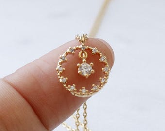 Crystal within a Studded Circle Necklace w/ Cubic Zirconia, Empowerment, Solitude, Plated Chain, Minimalist, Bridesmaid Gift