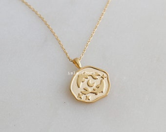 Pisces Zodiac Two Fishes Emboss Stamped Uneven Coin Necklace, Dainty 18k Gold Dipped Timeless, Minimalist Jewelry, bridesmaid Gift
