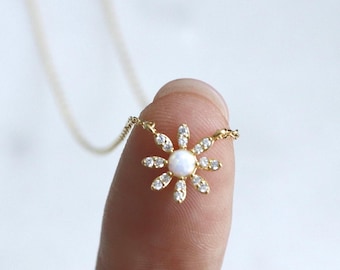 Tiny Crystal Petal Opal Flower Necklace, Dainty Daisy Gold, Minimalist Fine Jewelry, Bridesmaid Birthstone, Delicate, Daughter, Her Gift