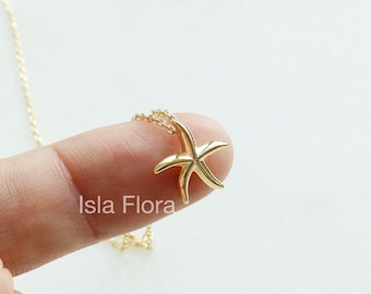Small Thin Starfish Pendant Necklace, Dainty Beach-inspired, Delicate Fine Detail, Gold Minimalist Coastal Jewelry, bridesmaid Her Gift