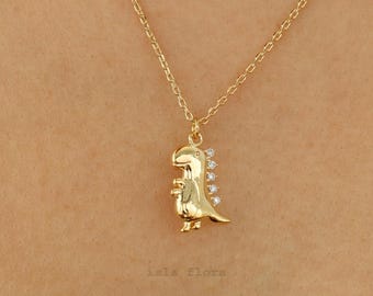 Standing Baby Stegosaurus Dinosaur Necklace, Miniature Cute Roof Lizard Dino Charms, Gold Cubic Plates Pendant, Minimal Jewelry Bestie Gift