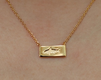 Dainty Shark Rectangle Bar Necklace, Gold Silver Statement Piece, Shark Imprint Minimalist Jewelry, Small Charms, bridesmaid Her Gift