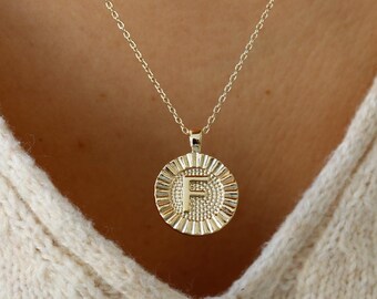 Letter F Fluted Medallion Pendant Necklace, Gold F Name Necklace, Stacking Charm, Personal Initial, Minimal Jewelry, Bestie Her Holiday Gift