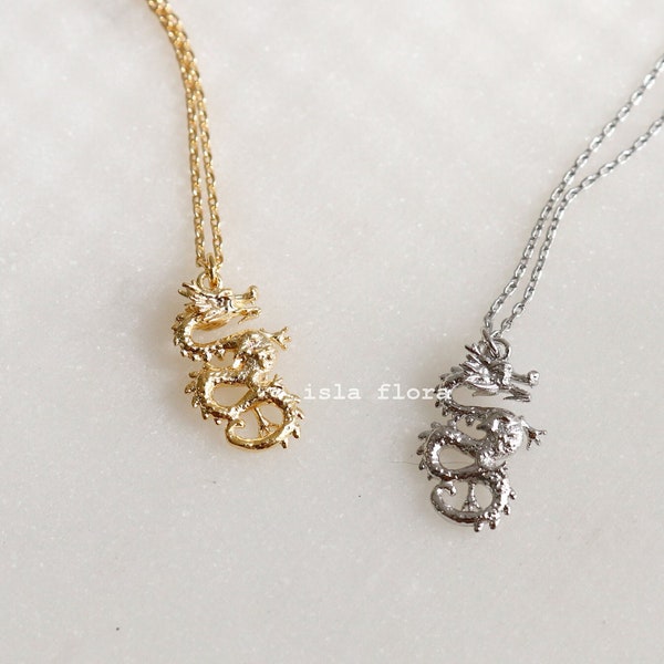 Powerful Dragon Pendant Necklace, Full Body, New Year 1988 2024 Gold Silver, Dainty, Realistic, Minimalist Jewelry, Layering Gift