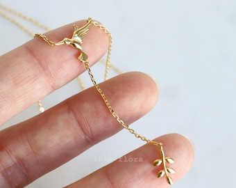 Realistic Hummingbird Lariat Y Necklace, Dainty and Bold, Gold Silver Small Bird, Peaceful Leaf Minimalist Jewelry, Bridesmaid, Gift for Her
