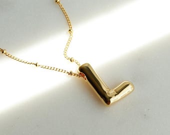 Large Chunky L Necklace, Letter, Gold Plated Satellite chain, Bubble Balloon Alphabet Pendant, Personal Jewelry, Cute Bridesmaid Bestie Gift