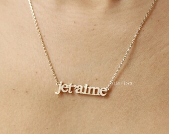 Je t'aime Necklace, 14k Gold Dipped, Brushed Texture, I love You French, je taime Minimalist Jewelry, Let's Go to France Girlfriend Gift