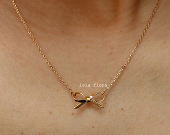 Dainty Ribbon Bow Necklace, Aesthetic Simple, 18K Gold Dipped Minimalist, Layering, Small Jewelry, Bestie Bridesmaid Gift