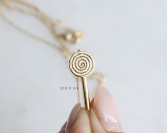 Small Round Swirl Lollipop Pendant Necklace, Nostalgic Charm, Gold Plated, Dainty, Brushed Look, Minimalist Jewelry, Bridesmaid Gift