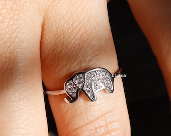 Crystal Studded Elephant Ring, Body Outline CZ Paved Sparkle, Gold, Silver, Fine Detailed, One Size Bridesmaid, Minimalist Bestie Gift