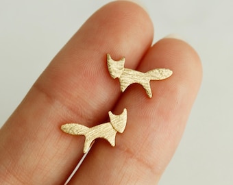 Brushed Simple Tiny Fox Studs, Coyote Earrings, Dainty Fox Charm, Wolf Jewelry, Gold, Silver Delicate, Minimalist, Bridesmaid, Her Gift