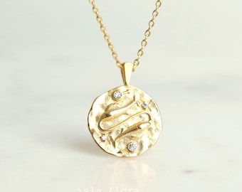 Pisces Zodiac Crystal Paved Stamped Coin Necklace, Melted Texture Pendant, Dainty Gold Dipped, Minimalist Jewelry, Bestie birthday Her Gift