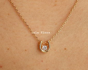 Tiny Single Crystal Dainty Round Horseshoe Pendant Necklace, Gold Luck, Horse Lover, Fine Minimalist Jewelry, Bridesmaid Bestie Gift