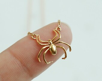 Realistic Spider Pendant Necklace, Dainty Arthropod, Gold Black Widow, Insect Charm, Fine Detail, Minimal Bug Jewelry, Halloween Gift