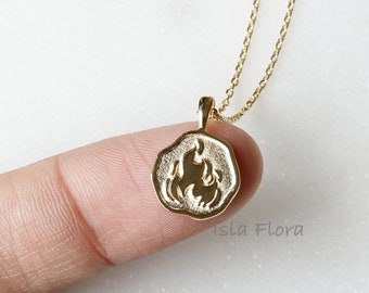 Dainty Gold or Silver Fire Flames Element Coin Necklace, Bold Fiery Statement Piece, Bestie Delicate Fine Minimalist Jewelry, Soul Gift
